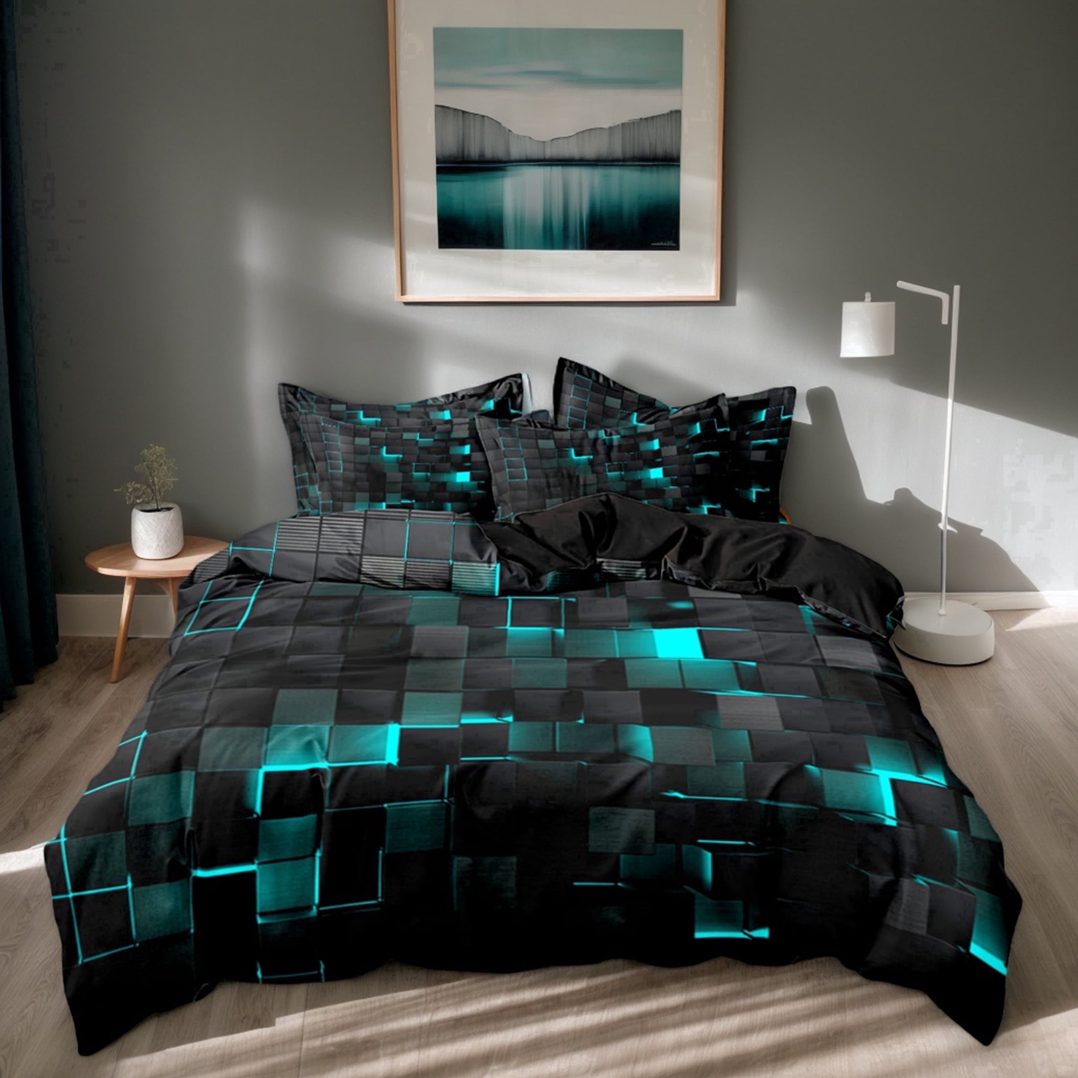 Orylavena 3D Lake Blue Geometric Microfiber Duvet Cover Set, Reversible, King
