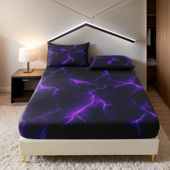 Orylavena Purple Lightning Microfiber Fitted Sheet Set, 1 Sheet 2 Pillowcases, Queen