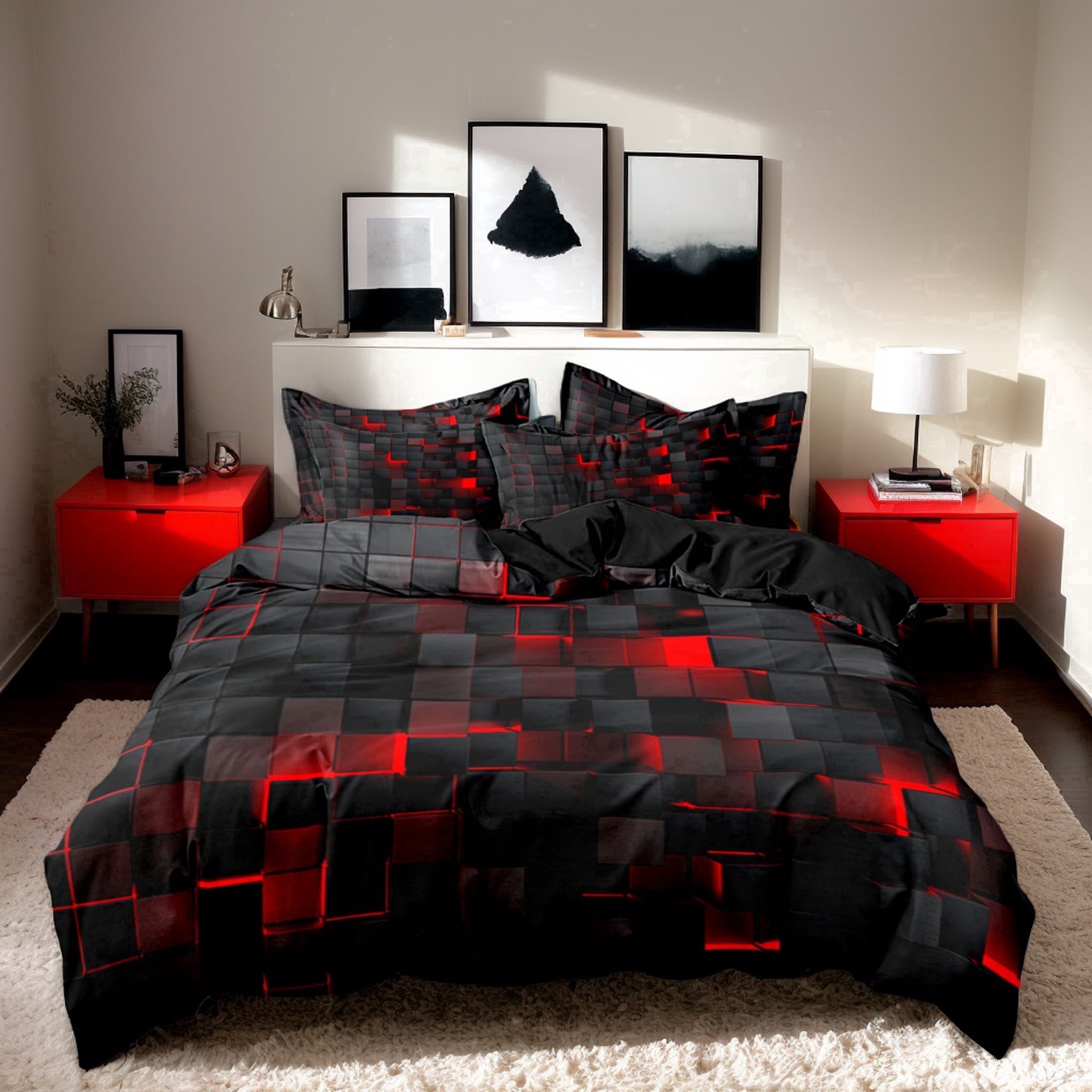 Orylavena Red Black 3D Block Microfiber Duvet Cover Set, Black Back, Twin/Full/Queen/King