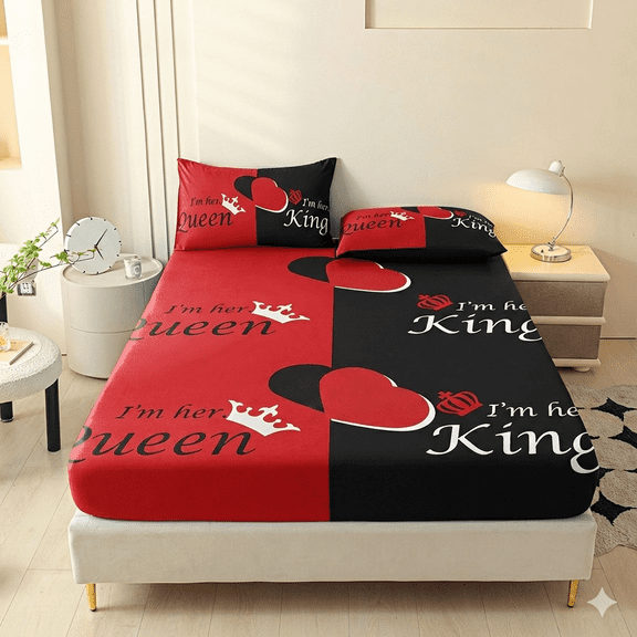 Orylavena Red Black Couple Heart Crown Microfiber Fitted Sheet Set, Full