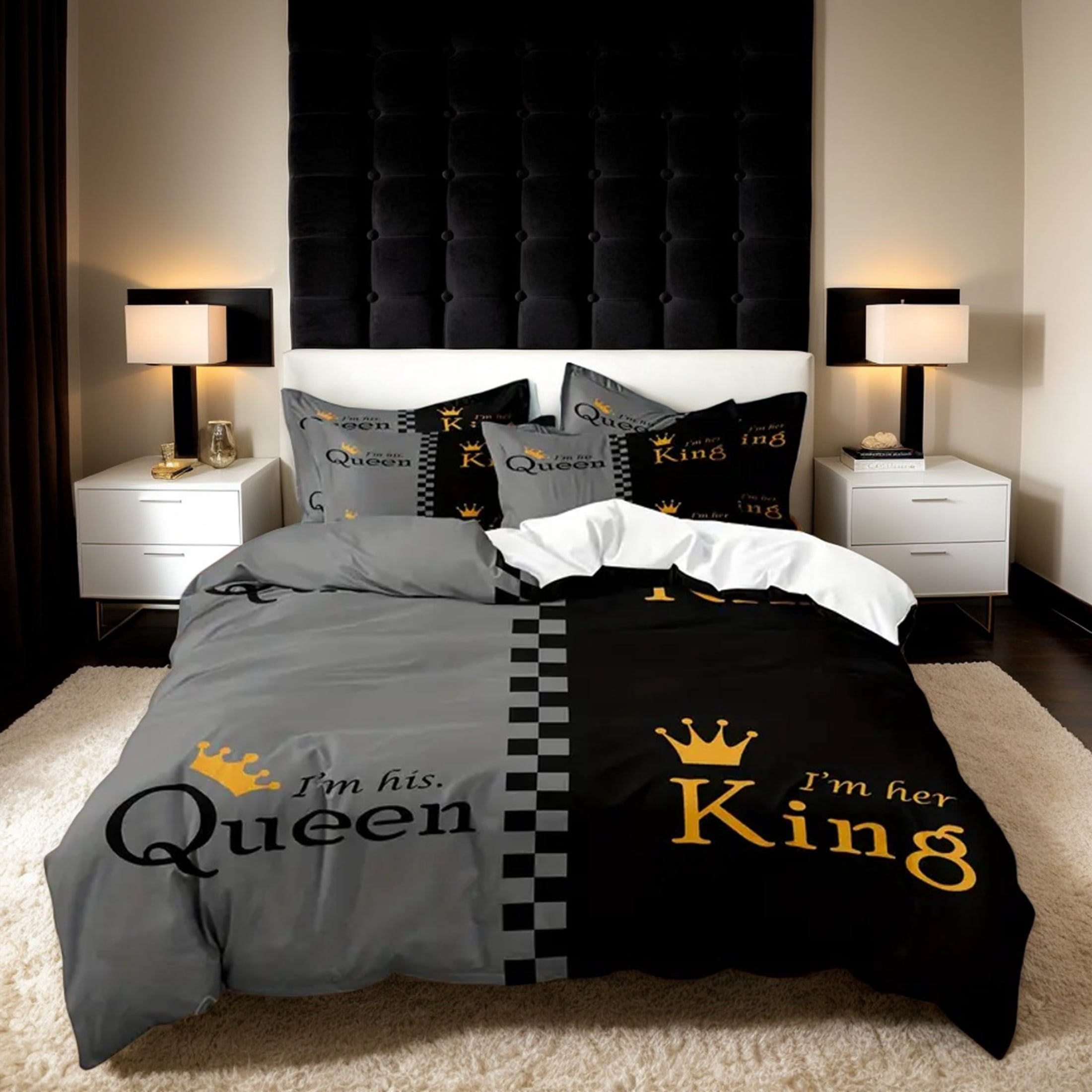 Orylavena Valentines Day Couples Classic Gray Crown Duvet Cover Set, White Back, King
