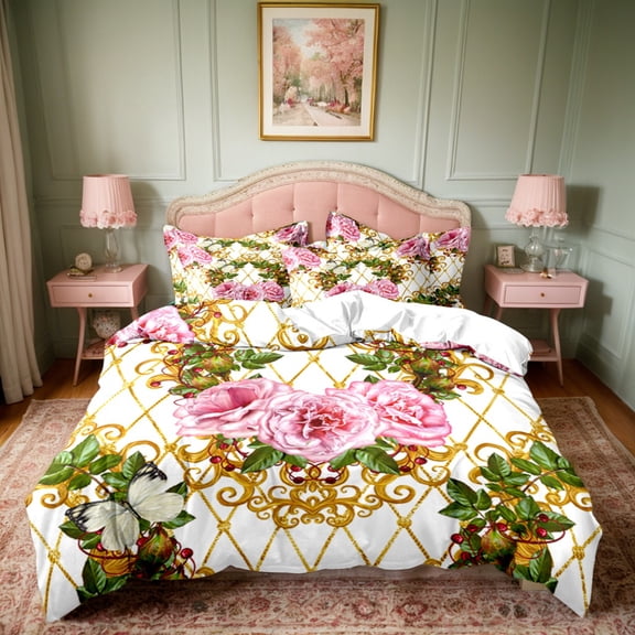 Orylavena White Pink Floral Microfiber Duvet Cover Set, White Back, Twin