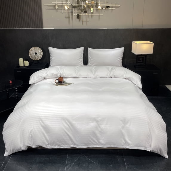 Orylavena White Damask Stripe Microfiber Duvet Cover Set, Twin, 3-Piece