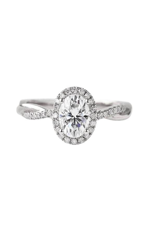 1.33 Ct Oval Lab-Created Diamond Engagement Ring - Pave Halo with Twisted Band - 14K White Gold Over Solitaire Ring for Women - Unique Gift for Mother's Day or Birthday