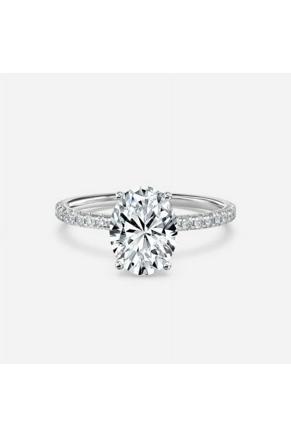 1.5 Ct Oval Cut Lab Diamond Ring - Unique Solitaire Design with Pave Band and Accent Stones - 14K White Gold Over Ring for Women - Stylish Birthday or Holiday Jewelry Gift