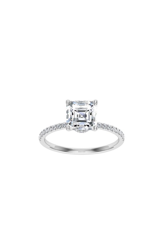 1.6 Ct Asscher Cut Lab-Created Diamond Engagement Ring - Hidden Halo with Accents - 14K White Gold Over Ring - Sophisticated Style for Women - Secure Prong Setting for Lasting Beauty