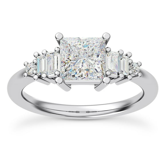 Oryn Jewel 1.7 Ct Diamond Engagement Ring for Women - Princess, Round and Baguette Tia Graduated Design - Wedding Jewelry in 14K White Gold Over Ring for Brides and Occasions - Promise Rings