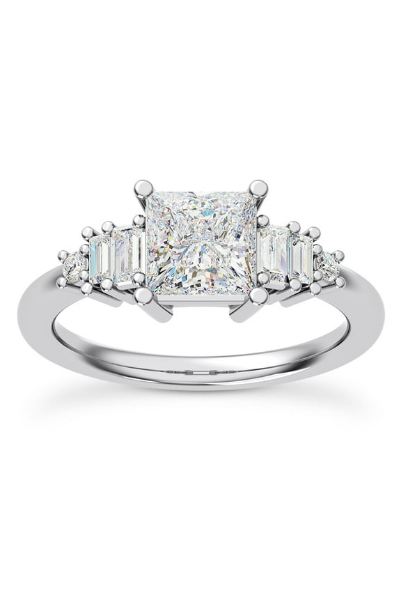 1.7 Ct Diamond Engagement Ring for Women - Princess, Round and Baguette Tia Graduated Design - Wedding Jewelry in 14K White Gold Over Ring for Brides and Occasions - Promise Rings