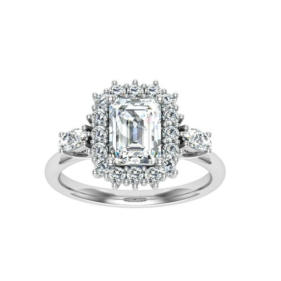 Oryn Jewel 1.7 Ct Emerald Cut Lab-Created Simulated Diamond Ring - 14K White Gold Over - 3 Stone Halo Rings - Beautiful Engagement Ring - Memorable Gift for Her - Dazzling Jewelry for Life's