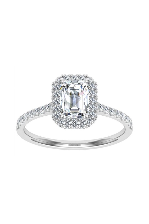 1.9 Ct Emerald Cut Lab-Created Diamond Ring - Halo Solitaire with Accents Rings - 14K White Gold Over Engagement Ring - Chic Gift for Women - Timeless Elegance for Any Day