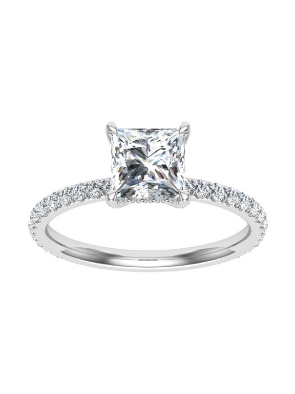 14K White Gold Over 1.7 Ct Lab Created Diamond Ring - Hidden Halo Engagement Wedding Ring - Princess Cut Solitaire with Accent Diamond Ring for Her - Gift for Marking Milestones