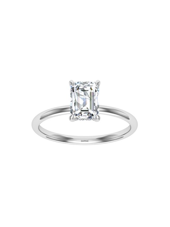 14K White Gold Over 2 Ct Lab Created Diamond Ring - Hidden Halo Engagement Wedding Ring for Women - Emerald Cut Solitaire Diamond Ring for Her - Gift for Marking Milestones