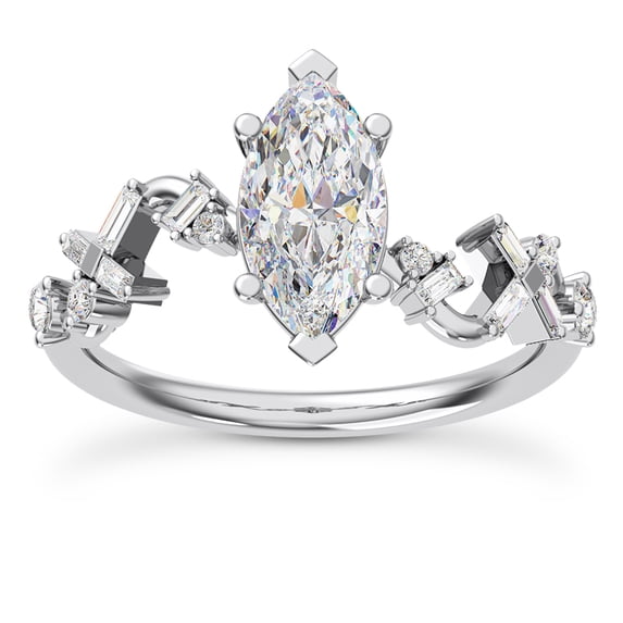 Oryn Jewel 14K White Gold Over Ring - Marquise Cut Lab Created Diamond 2.3 Ct Ring - Winding Baguette and Round Diamond Design - Engagement Ring - Wedding Jewelry - Perfect Gift for Brides