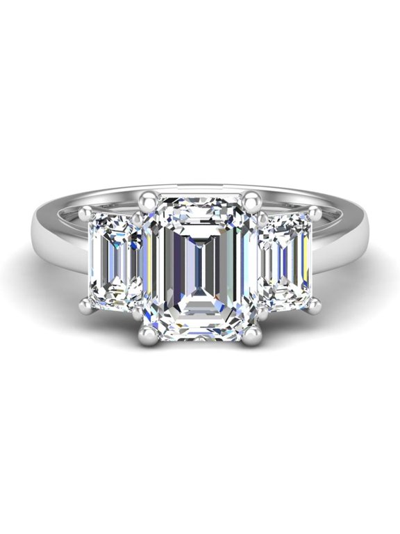 2.1 Ct Emerald Cut Lab Created Diamond Engagement Wedding Ring for Women's - 14K White Gold Over Ring - 3 Stone Design - Chic Look for Her - Great for Engagement and Wedding