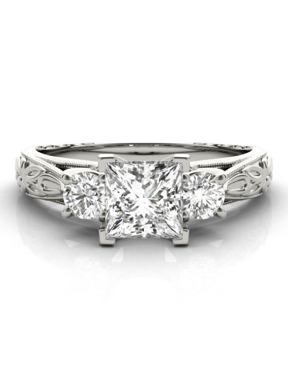2.24 Ct Princess Cut 3-Stone Lab-Created Simulated Diamond Ring 14K White Gold Plated Vintage Leaf Style for Women