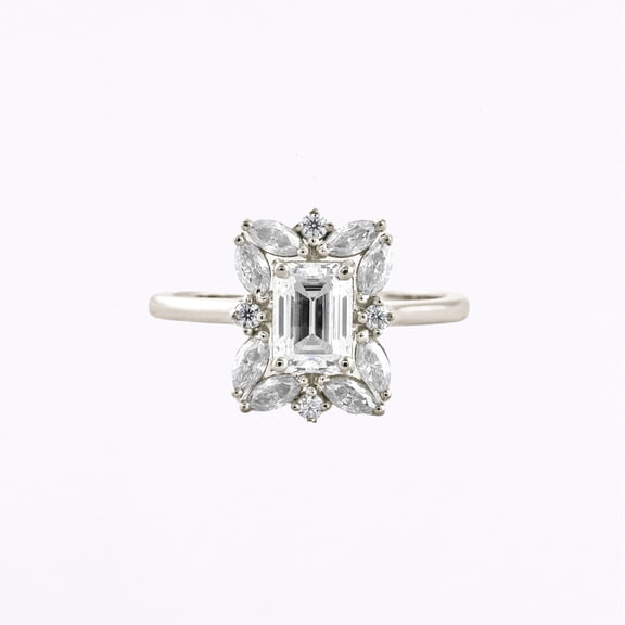 Oryn Jewel Emerald Cut 1.9 Ct Lab-Created Simulated Diamond Engagement Ring - 14K White Gold Over Halo Design Ring - Beautiful Wedding Ring - Thoughtful Gift for Her - Chic Promise Ring for Wife