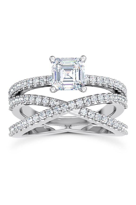 Lab Created Diamond Engagement Ring for Women's - Asscher Cut 1.7 Ct Stone in Criss Cross Pave Setting - 14K White Gold Over Band for Bridal Wear - Classic Wedding Jewelry for Her