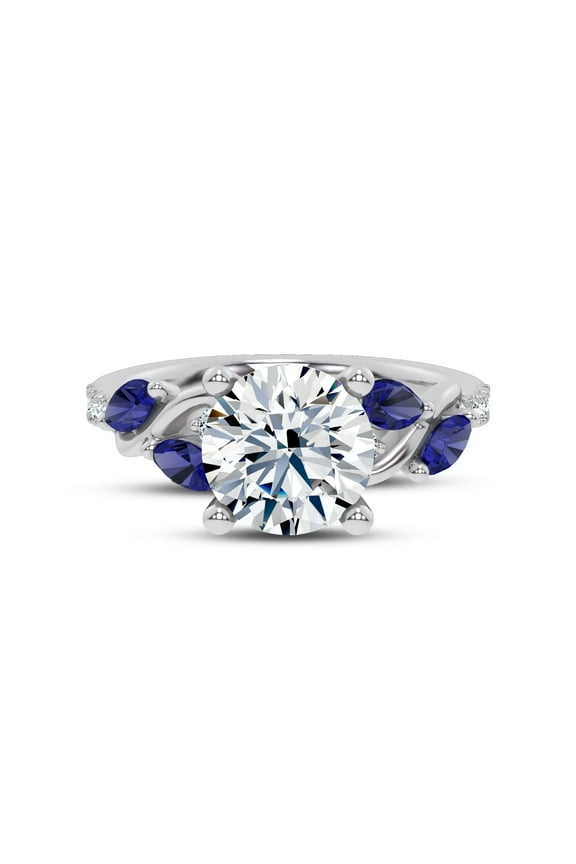 Sapphire and Diamond Engagement Ring for Women - 1.7 Ct Lab Created Round Cut Stone - Hayden Curved Vine Design in 14K White Gold Over for Brides and Wedding Jewelry
