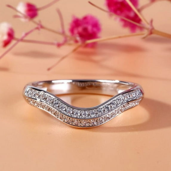 Oryn Jewelry 0.7 Ct Round Cut Moissanite Bands - 14K White Gold Plated Bands - Swirl Engagement Jewelry for Women - Chevron Wedding Band Style - Anniversary Moissanite Piece - Valentine’s Band