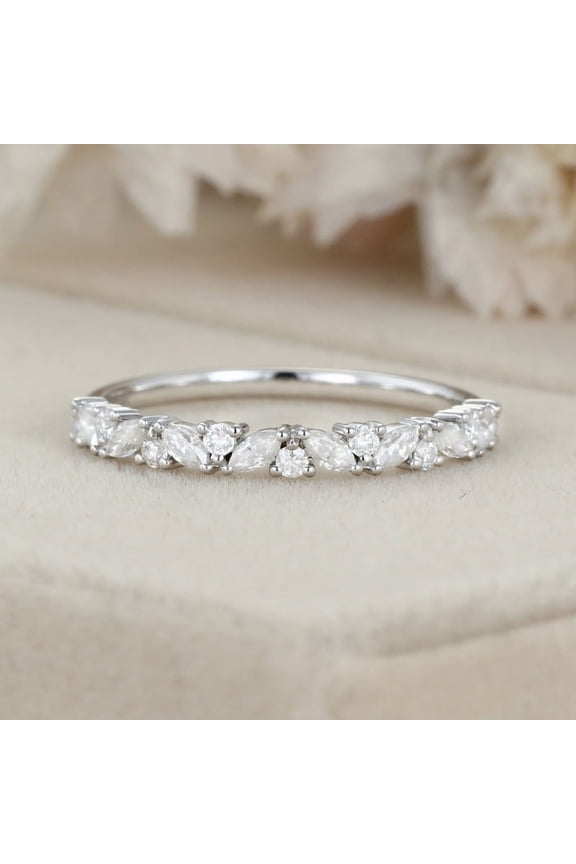 ry 1.4 Ct Marquise Cut Moissanite Bands - 14K White Gold Plated Rings - Bezel Setting Moissanite Bands - Memorable Women's Anniversary Gifts - Multi-Stone Engagement Stackable Bands