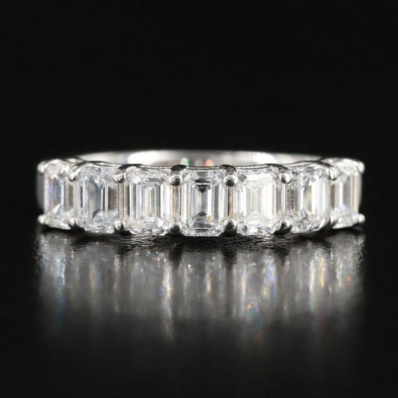 Oryn Jewelry 1.8 Ct Emerald Cut Excellent Moissanite Ring - 14K White Gold Plated Band - Full Eternity Wedding Bands for Her