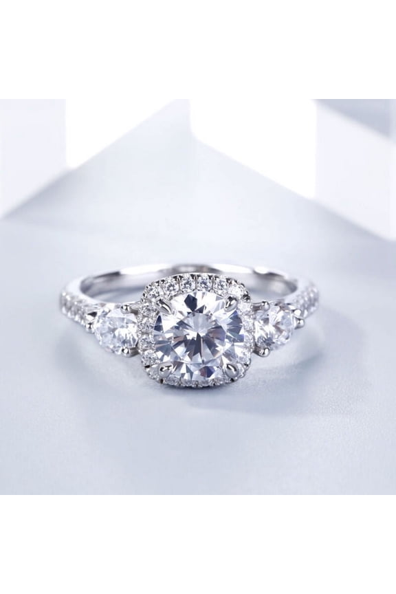 ry 1.8 Ct Excellent Round Moissanite Band - 14K White Gold Plated Ring - 3 Stone Halo Solitaire Accent Bands for Her
