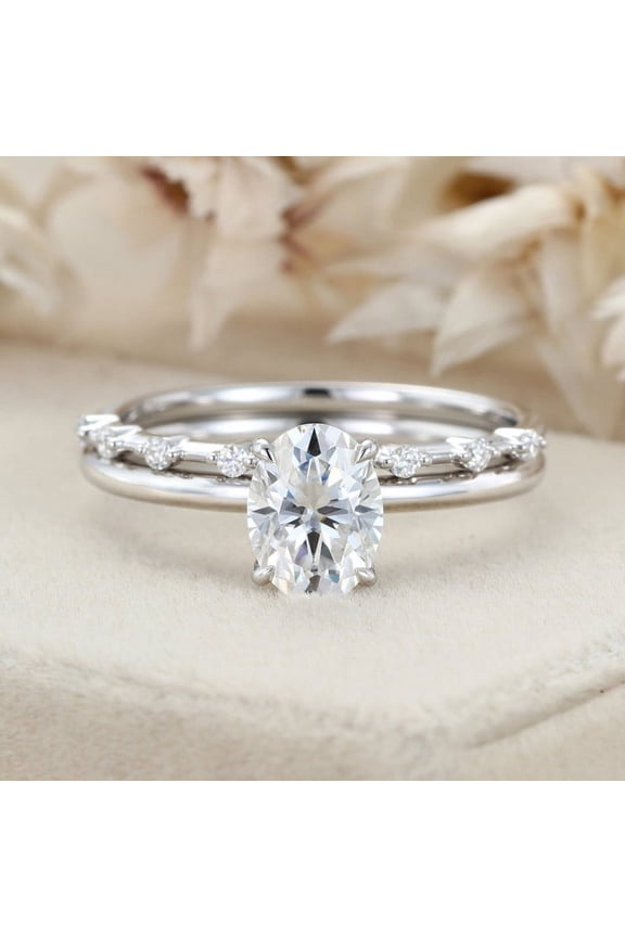 ry 1.9 Ct Oval Cut Engagement Set - 14K White Gold Plated Wedding Solitaire Band with Match Band - Two Ring Set for Women - Office Casual Wear
