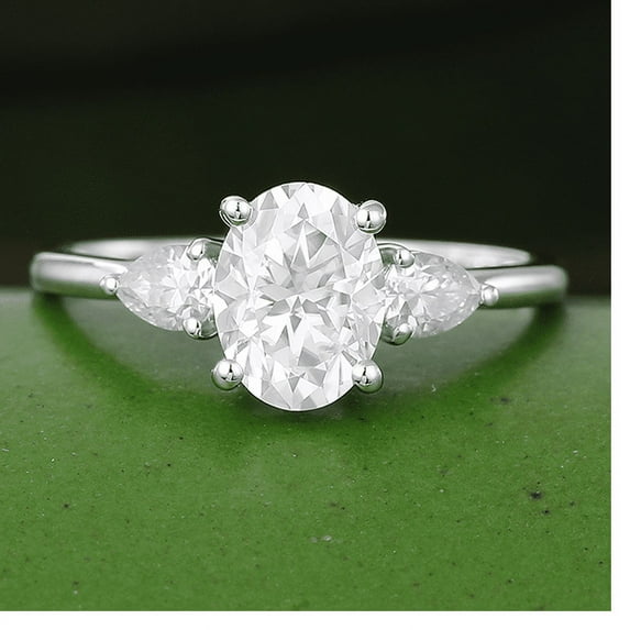 Oryn Jewelry 1.9 Ct Oval Cut Moissanite Ring for Women - 14K White Gold Plated Band - Trilogy Style Anniversary Ring for Her - Oval & Pear Cut Handmade Wedding Band