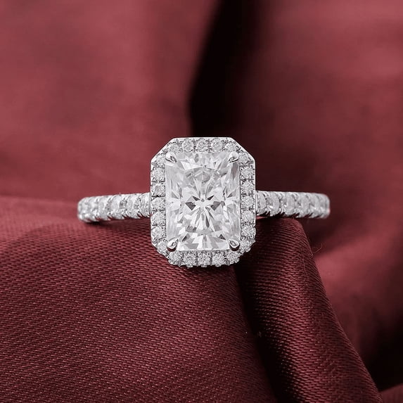 Oryn Jewelry 1.9 Ct Radiant Cut Moissanite Band - 14K White Gold Plated Band - Halo Engagement Bands for Women - Ever & Ever Halo Style Jewelry
