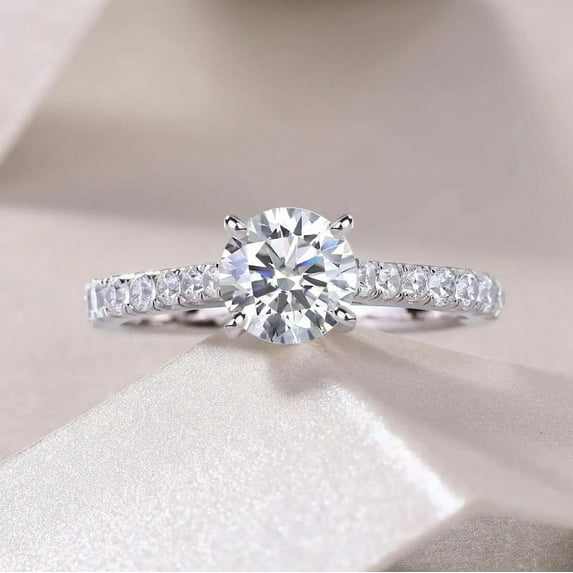 Oryn Jewelry 1.9 Ct Round Brilliant Cut Moissanite Ring - 14K White Gold Plated Rings - Party Wear Engagement Ring for Women - Christmas Gift Jewelry for Her