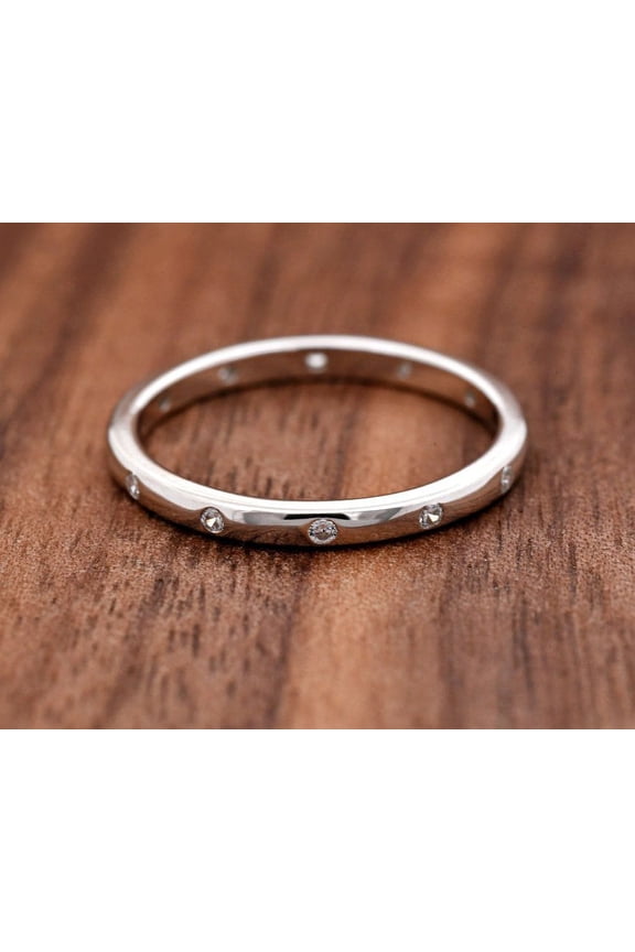 ry 1 Ct Round Brilliant Cut Moissanite Band - 14K White Gold Plated Anniversary Ring - Flush Set Bridal Wedding Band - Elegant Party Jewelry