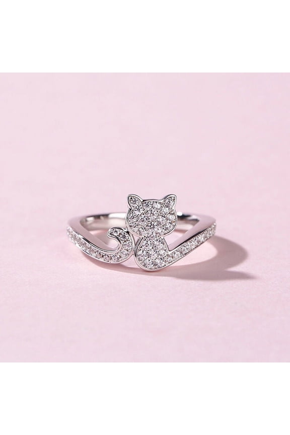 ry 1 Ct Round Cut Moissanite Ring - Cat Dainty Animal Design - 14K White Gold Plated Casual Band for Women - Best Friend Jewelry Gift