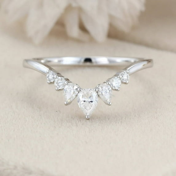 Oryn Jewelry 14K White Gold Plated Anniversary Band for Women - 1.6 Ct Pear Cut White Moissanite Ring - Elegant V Shape Wedding Gift Band