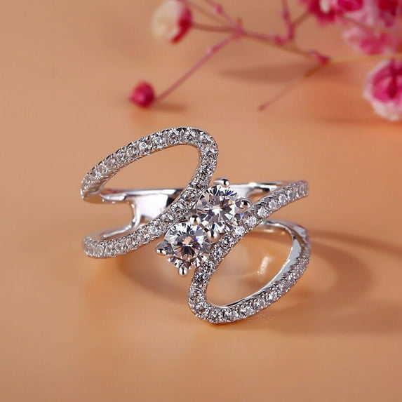 Oryn Jewelry 14K White Gold Plated Bands - Round Cut 1.7 Ct Moissanite Bands - Split Shank Engagement Ring - Swirl Forever Bands for Women - Daily Bypass White Moissanite Jewelry