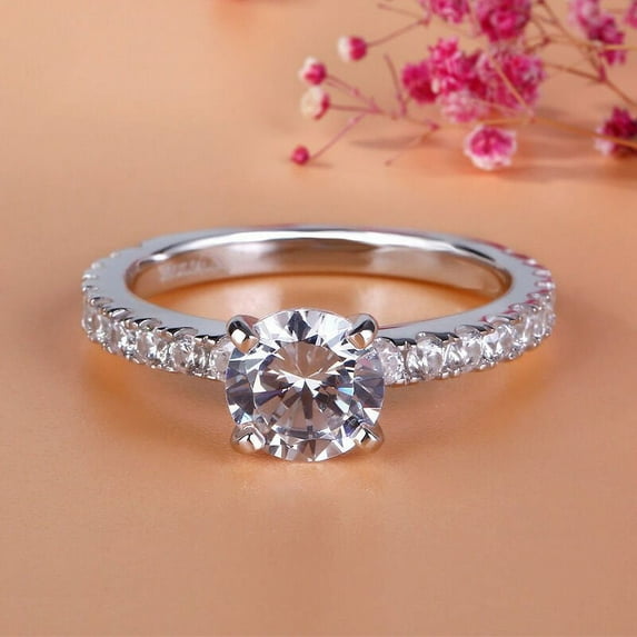 Oryn Jewelry 14K White Gold Plated Oval Cut Moissanite Band - 2 Ct White Moissanite Ring for Women - Multi-Stone Engagement Ring - Solitaire Accent Band