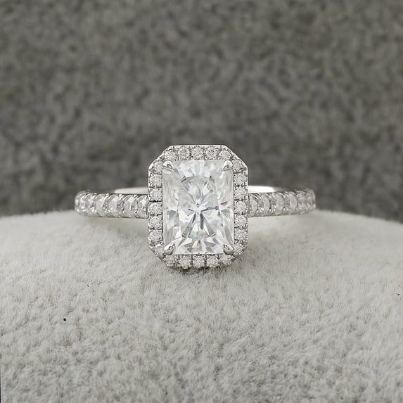 Oryn Jewelry 14K White Gold Plated Ring - 1.9 Ct Radiant Moissanite Ring - Prong Set Halo Engagement Ring - Occasion Bridal Moissanite Jewelry