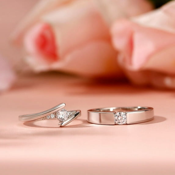 Oryn Jewelry 14K White Gold Plated Solitaire Ring - 1.6 Ct Brilliant Round Cut Moissanite Ring with Accents - Unique Couple Solitaire Moissanite Rings for Men's and Women's