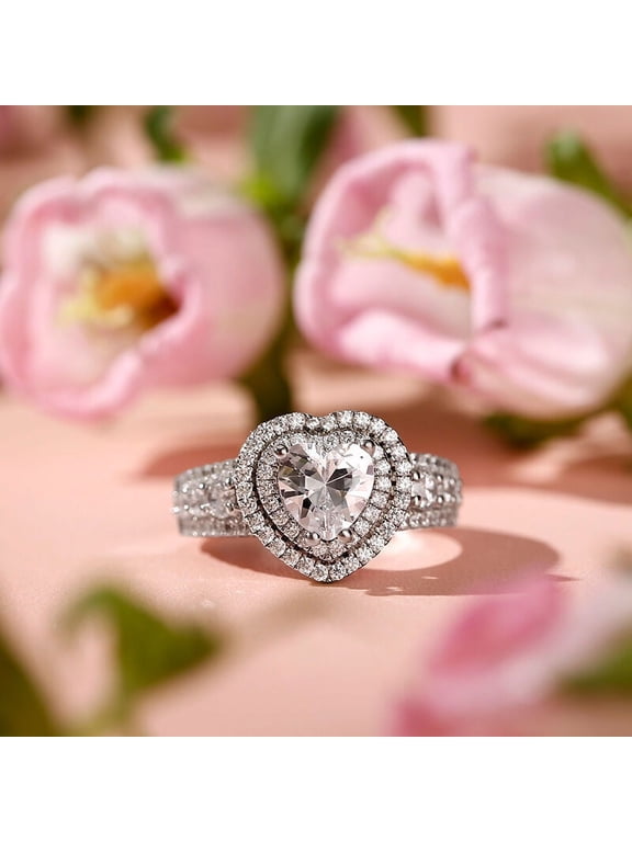 ry 14K White Gold Plated Solitaire Ring - 2.2 Ct Heart Cut Moissanite Solitaire for Women - Stacking Halo Heart Engagement Wedding Rings - Forever Love Ring