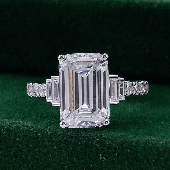 Oryn Jewelry 2.1 Ct Emerald Cut Moissanite Engagement Ring - 14K White Gold Plated Band - Solitaire Accent Birthday Gift for Women - Mid-Century Design Band