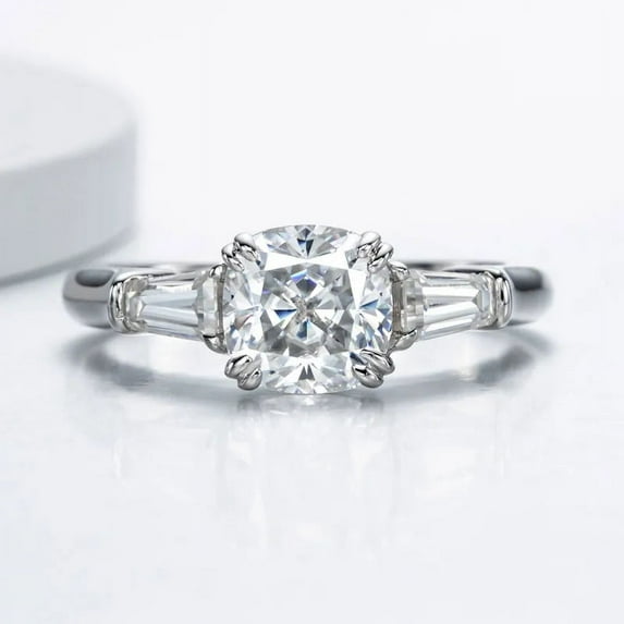 Oryn Jewelry 2 Ct Cushion Cut Moissanite - 14K White Gold Plated Band - Mid-Century Accent Solitaire Ring - Daily Wear Moissanite Jewelry