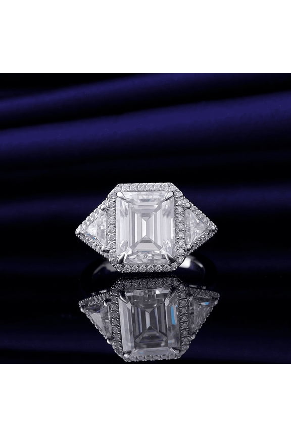 ry 2 Ct Elongated Emerald Cut Moissanite Ring – 14K White Gold Plated Bands – Retro Wedding Halo Jewelry – East West Inspired Engagement Rings