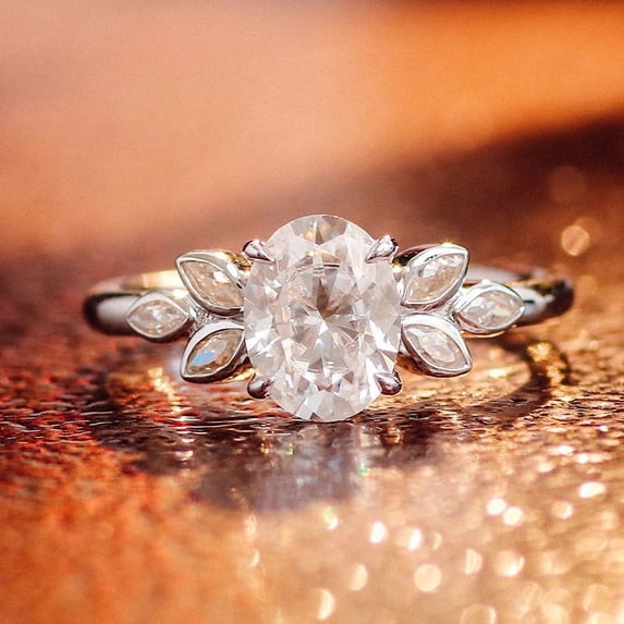 Oryn Jewelry 2 Ct Oval Cut Moissanite Ring Gift - 14K White Gold Plated Rings - Stylish Leaves Design Engagement Ring - Christmas Moissanite Jewelry