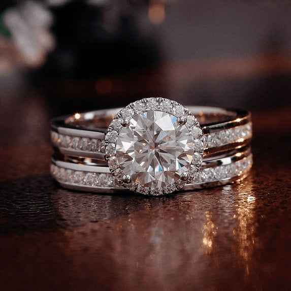 Oryn Jewelry 2 Ct Round Cut Moissanite Ring for Women – 14K White Gold Plated Band – Bridal Engagement Set Jewelry with Halo – Matching Party Ring