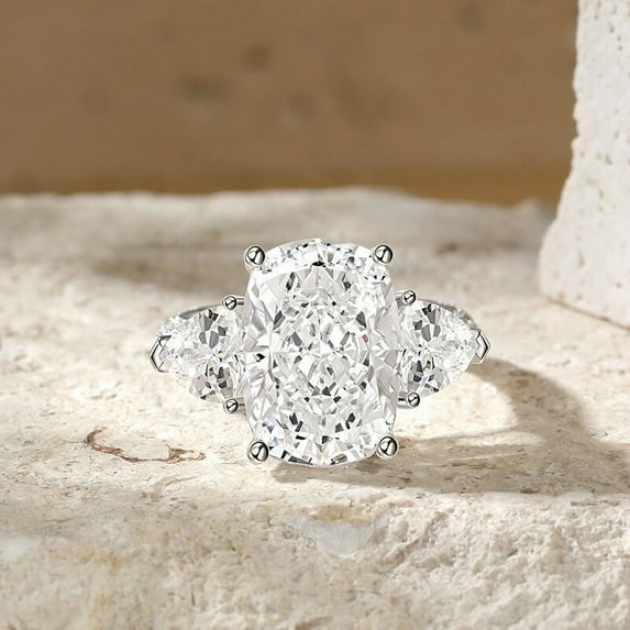 Oryn Jewelry Cushion Cut 3 Ct Excellent Moissanite Ring for Women - 14K White Gold Plated Anniversary Ring - 3 Stone Engagement Wedding Jewelry - Casual Wear