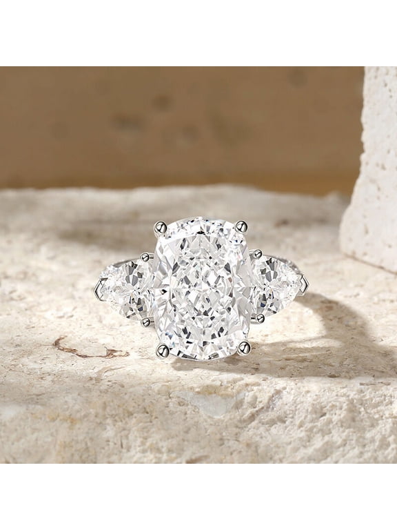 ry Cushion Cut 3 Ct Excellent Moissanite Ring for Women - 14K White Gold Plated Anniversary Ring - 3 Stone Engagement Wedding Jewelry - Casual Wear
