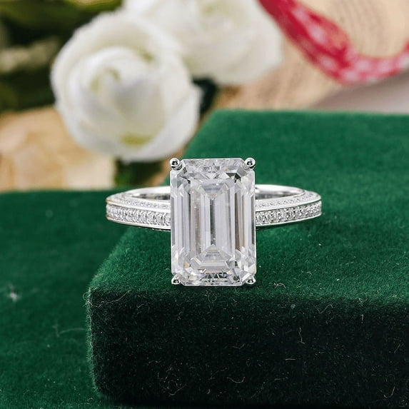 Oryn Jewelry Emerald Cut 2.1 Ct Moissanite Rings for Gift - 14K White Gold Plated Bands - Party Wear Designer Shank Rings - Wedding Jewelry for Her