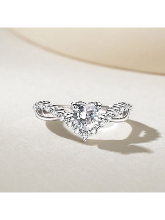 ry Heart Cut 2.2 Ct Moissanite Ring for Her - Excellent Design in 14K White Gold Plated - Wedding Anniversary Eternity Band with Twisted Cross Over Shank - Engagement Gift Ring