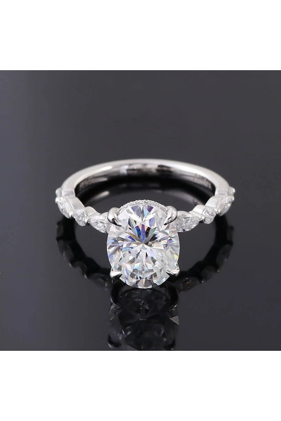 ry Oval Cut 1.9 Ct Engagement Band - 14K White Gold Plated Hidden Halo Ring - Moissanite Wedding Jewelry Band for Women - Elegant Design