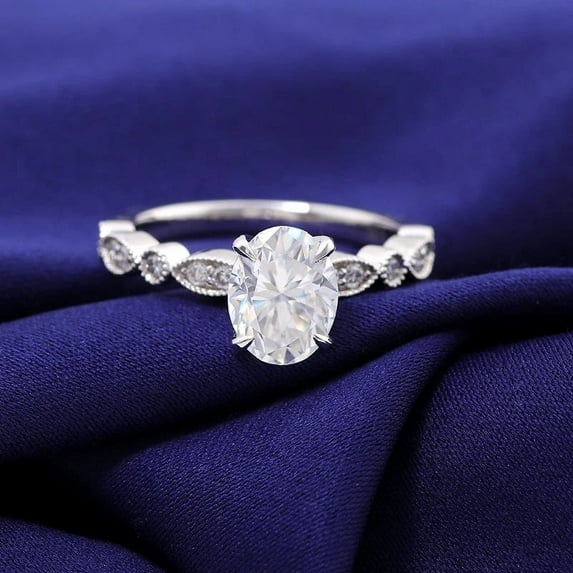Oryn Jewelry Oval Cut 1.9 Ct Moissanite Bands - 14K White Gold Plated Wedding Rings - Milgrain Sterling Engagement Bands - Valentine Jewelry