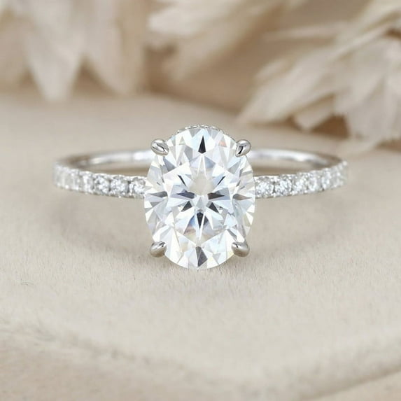 Oryn Jewelry Oval Cut 2.1 Ct Moissanite Band - 14K White Gold Plated Hidden Halo Ring - Handmade Engagement Wedding Jewelry for Women - Party Anniversary Band